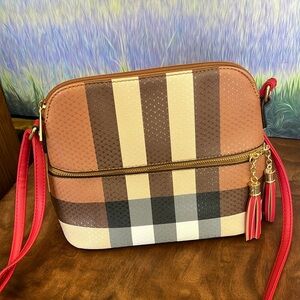 Adorable Stylish Brown and Red Plaid Women's Crossbody Bag with Red Strap